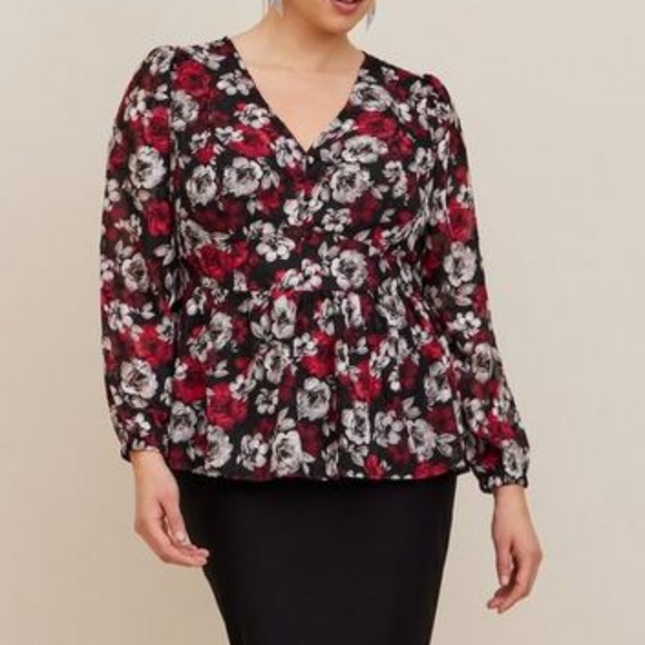 torrid Tops - Torrid plus floral v neck blouson long sleeves peplum top, 5XL, blac…
